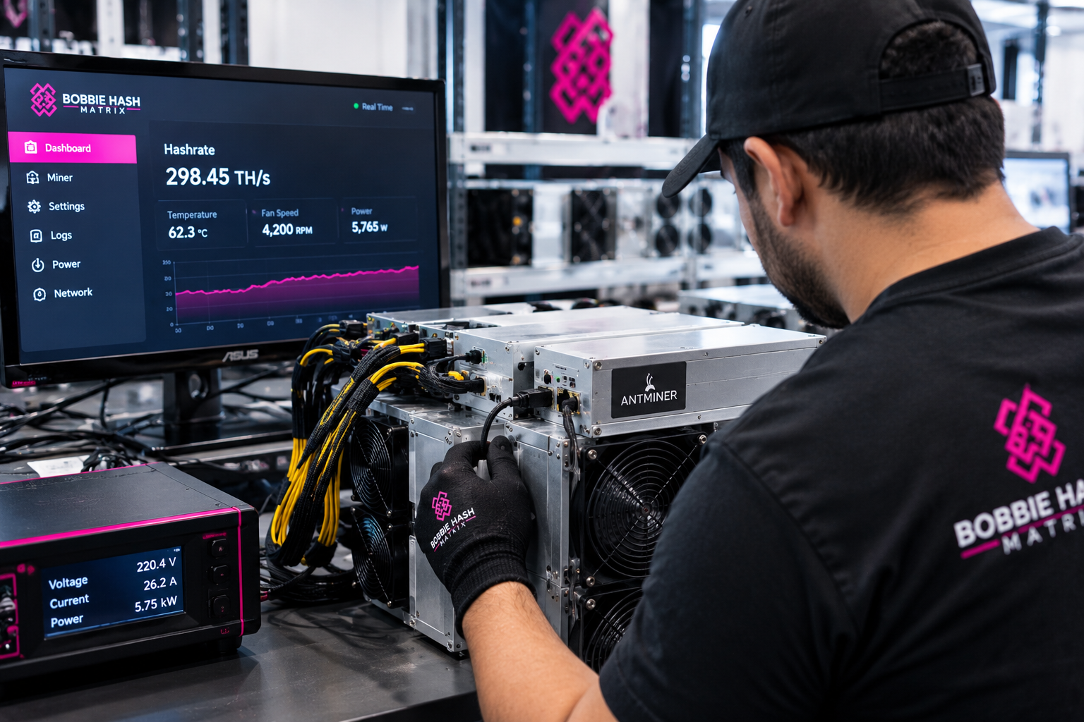 Bench-testing an ASIC miner at Bobbie Hash Matrix
