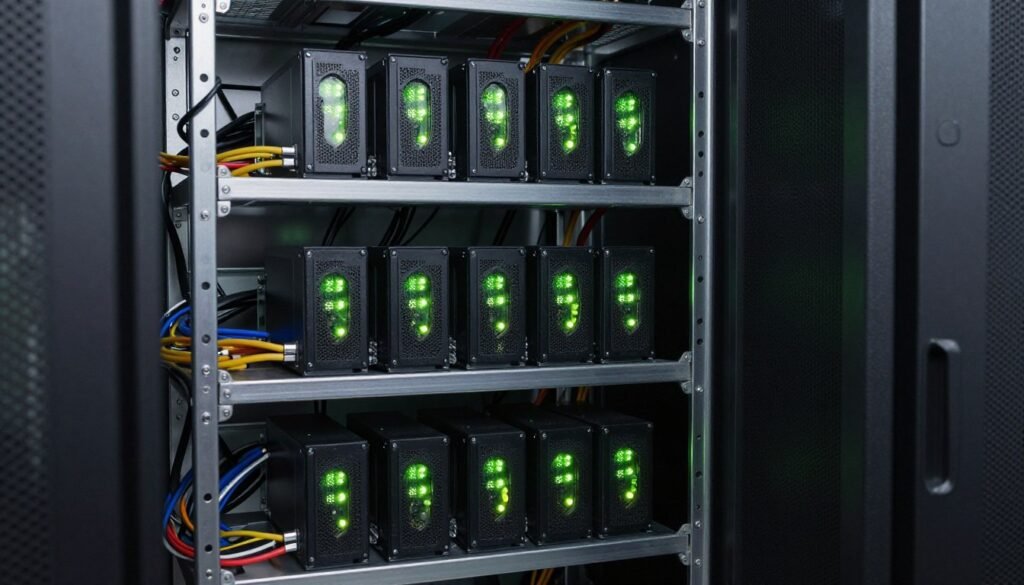 A row of modern air-cooled ASIC miners lined up on clean industrial shelving