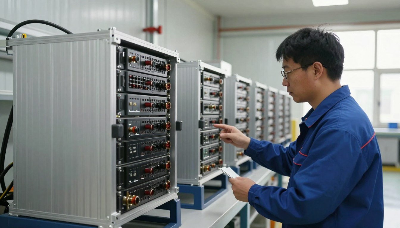 A technician inspecting mining hardware in a clean server room