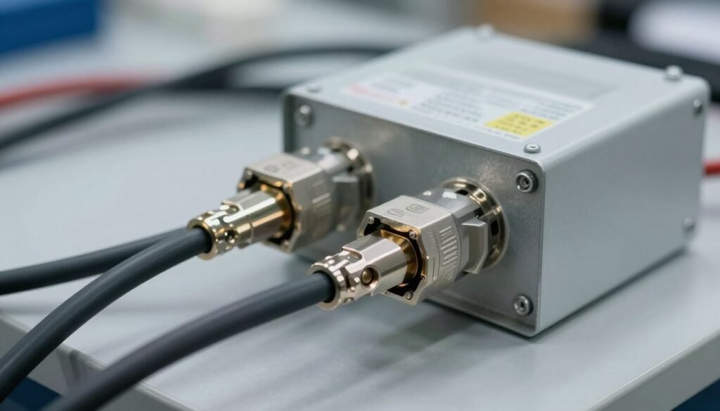 A technician visually inspecting heavy-duty power cables and terminal blocks