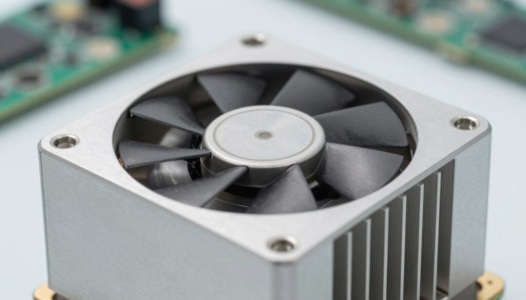 Close view of an aluminum ASIC miner heatsink and intake fan