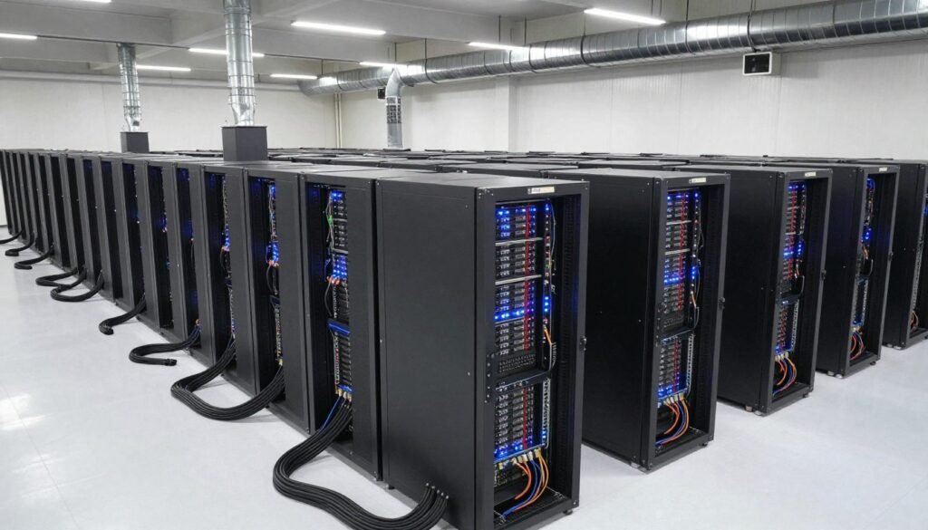 Commercial cryptocurrency mining facility with rack-mounted ASIC hardware
