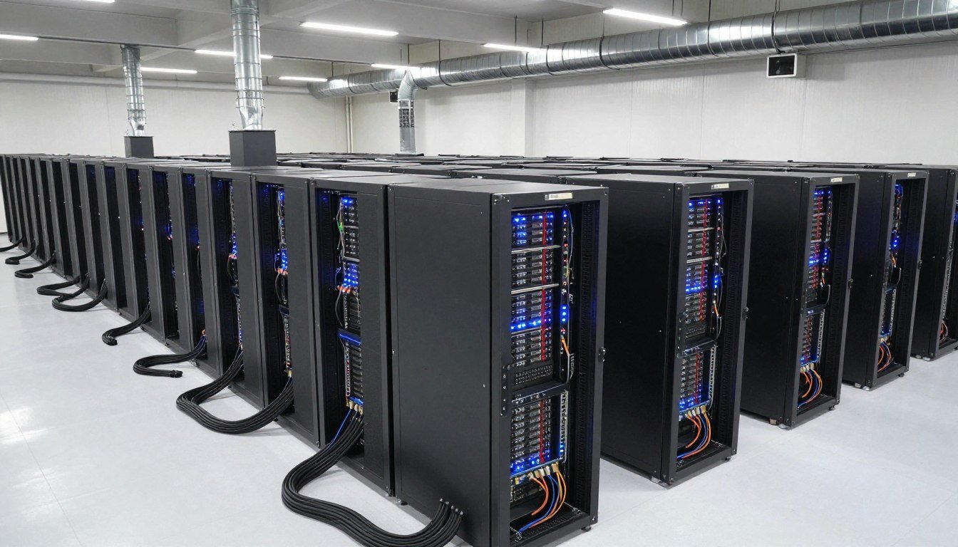 Commercial cryptocurrency mining facility with rack-mounted ASIC hardware