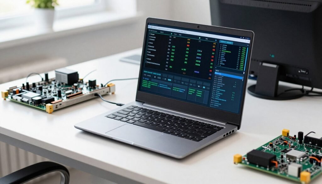 Digital diagnostic dashboard displaying ASIC miner hash rates and board temperatures