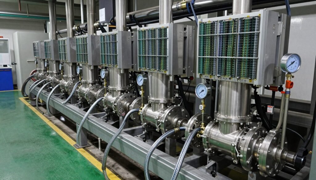 Hydro-cooled ASIC mining setup with liquid coolant lines and stainless manifolds