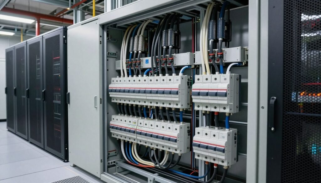 Industrial electrical panels and heavy-gauge wiring powering mining hardware