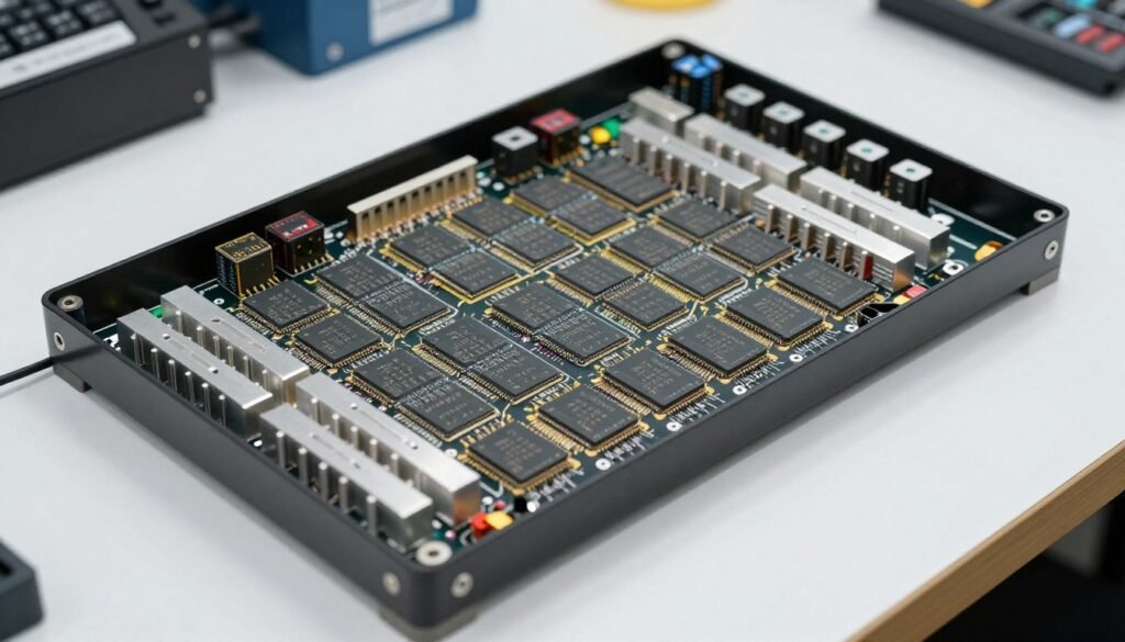 Interior circuit board of an ASIC mining rig displaying specialized processing chips