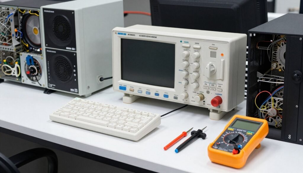 Precision electronic testing equipment on a professional technician workbench