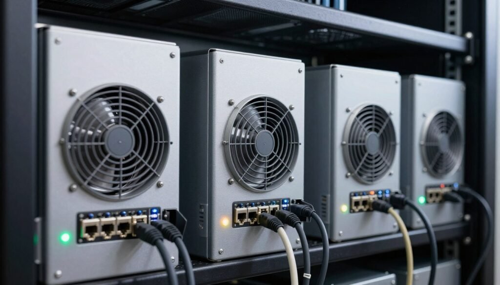 Rack of operating Bitcoin ASIC miners in a server enclosure