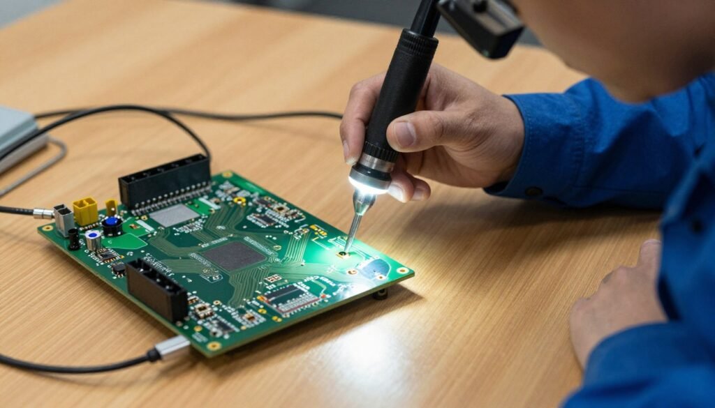 Technician checking a pre-owned ASIC miner board under workbench lighting