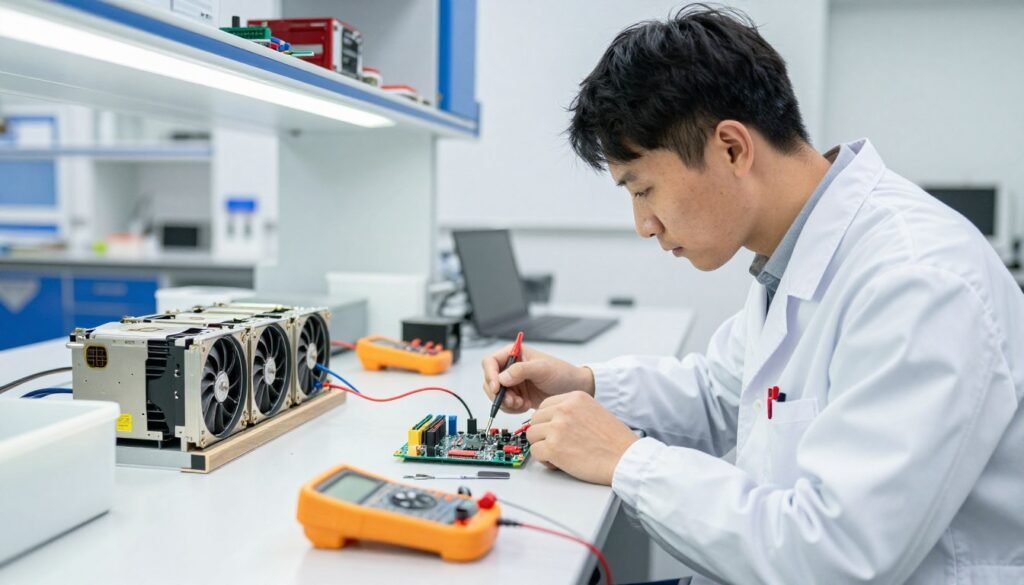 Technician inspecting an ASIC miner hashboard on an electronics workbench